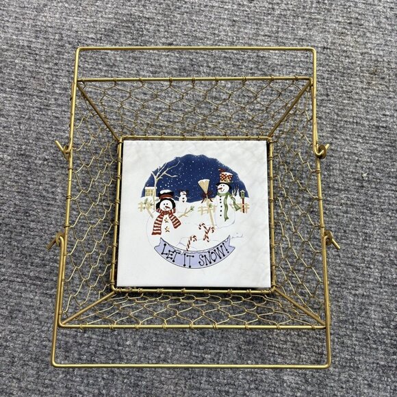 Christmas Basket Gold Wire Square With Center Tile Snowmen Let It Snow Holiday‎ - Picture 1 of 10